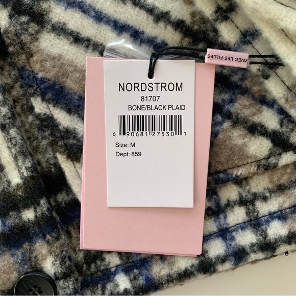 Avec Les Filles Brushed Plaid Bone & Black Oversized Button Up Coat Jacket M - Picture 4 of 11